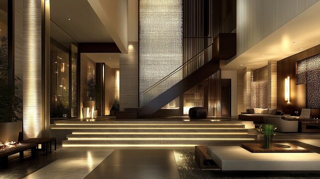 Luxurious interior of a building, with staircase, modern decor, lighting and lounge area