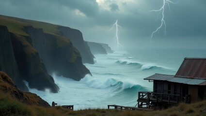 A dramatic windswept coastal bay with steep rocky cliffs plunging into the turbulent sea