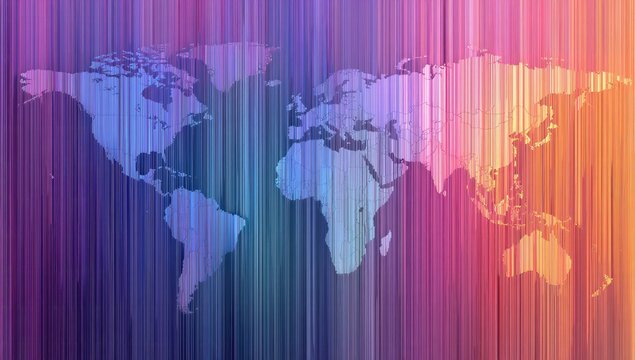 World map graphic with vibrant vertical stripes