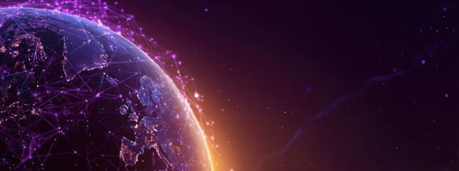 Global network of connections.  Earth illuminated by a glowing light source