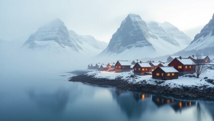 Isolated Nordic fishing village surrounded by frosty waters and rugged shoreline, enveloped in a thick misty fog