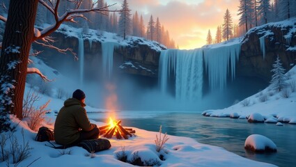 Adventurer's campfire burns warmly near a majestic icy waterfall, surrounded by frozen vegetation