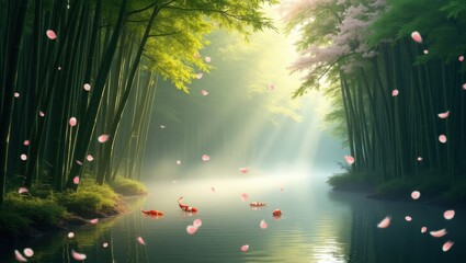 Misty bamboo grove with dense foliage, delicate sunbeams filtering through the leaves
