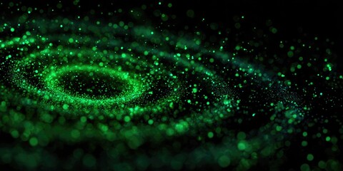 Abstract swirling spiral of luminous green particles against a black background