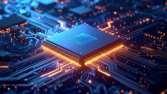 Futuristic Central Processing Unit Animation with Circuit Board and Glowing Pathways - Powered by Adobe