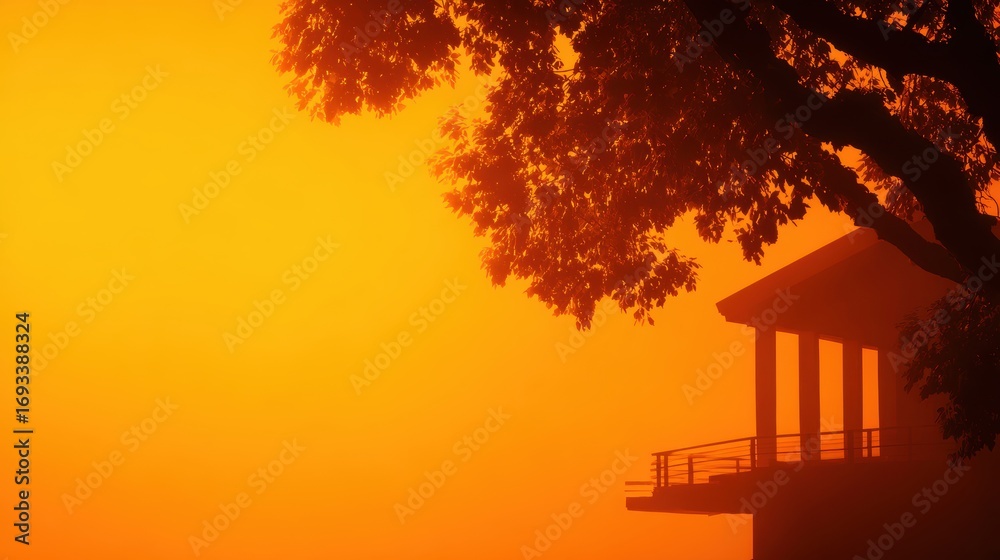 Canvas Prints serene sunset view over a lake with silhouetted trees and a house, creating a tranquil atmosphere