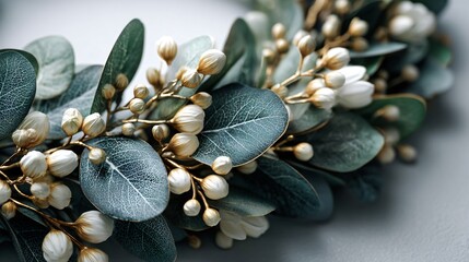 Fototapeta premium Elegant Floral Wreath Arrangement Home Decor Photography Indoor Setting Close-Up Aesthetic Appeal