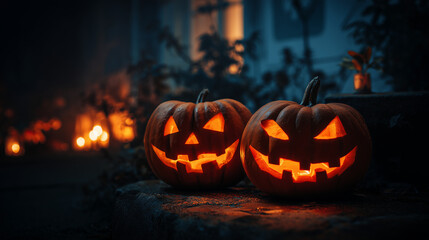 Pumpkin Lanterns Glowing in the Dark Halloween Night