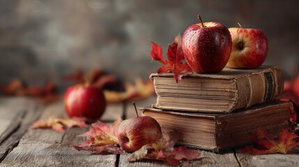 Rustic stack of vintage books with apples and autumn leaves symbolizing nostalgic education, student learning lifestyle, seasonal study environment, and cozy inspiration