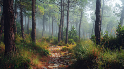 Obraz premium Misty morning in a pine forest