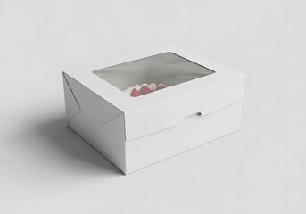 White cake box with a clear window on gray background