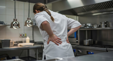 Professional chef experiencing lower back pain in a commercial kitchen setting