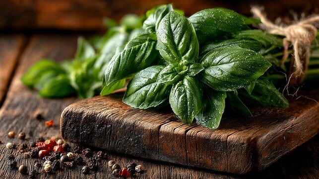 Bunch of fresh basil herb on wooden cutting board against dark brown background, top view with copy space for banner design, food photography
