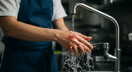Professional washing hands with burn under faucet in commercial kitchen for hygiene and safety