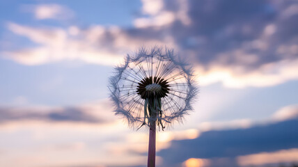 Dandelion's Gentle Ascent: A close-up view captures the delicate beauty of a dandelion seed head, poised against a soft, dreamy backdrop of sky and clouds. A visual haiku of nature's silent symphony.