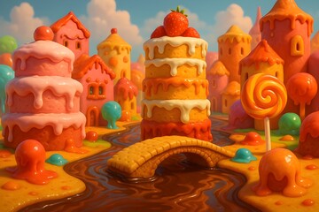 City of giant cakes and melted candies with chocolate rivers and cookie bridges surreal 3D illustration style