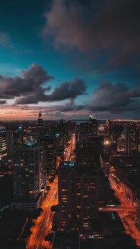 hyper-lapse video of city lights or clouds moving fast across skyline, smooth time-lapse effect, high contrast, visually captivating