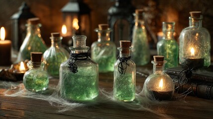 Mystical potion bottles filled with glowing green liquid on rustic candlelit wooden table symbolizing fantasy alchemy, magical elixirs, and mysterious laboratory experiments