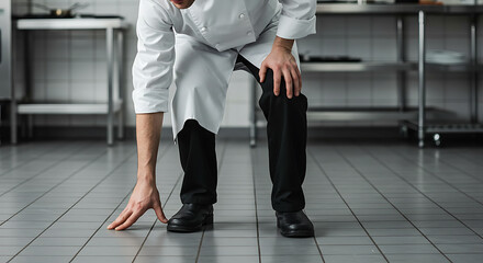 Fototapeta premium Professional Chef Bending Down in Commercial Kitchen