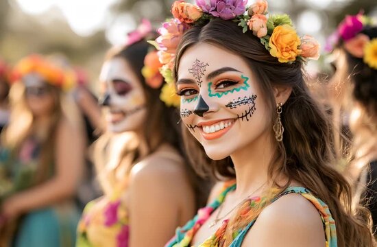 Young women dressed as Catrinas for Day of the Dead celebration in Mexico