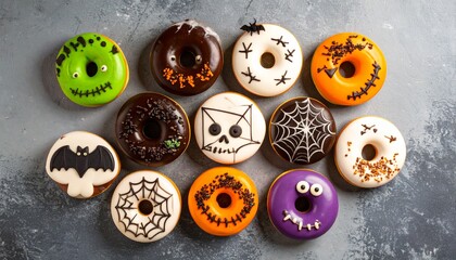 A top-down collection of festive Halloween donuts, featuring playful designs like jack-o'-lanterns, spiderwebs, and monster faces. Ideal for seasonal advertising campaigns and food related promotions.