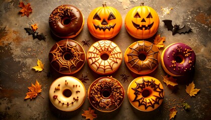 A top-down collection of festive Halloween donuts, featuring playful designs like jack-o'-lanterns, spiderwebs, and monster faces. Ideal for seasonal advertising campaigns and food related promotions.