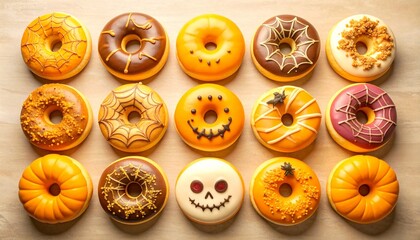 A top-down collection of festive Halloween donuts, featuring playful designs like jack-o'-lanterns, spiderwebs, and monster faces. Ideal for seasonal advertising campaigns and food related promotions.