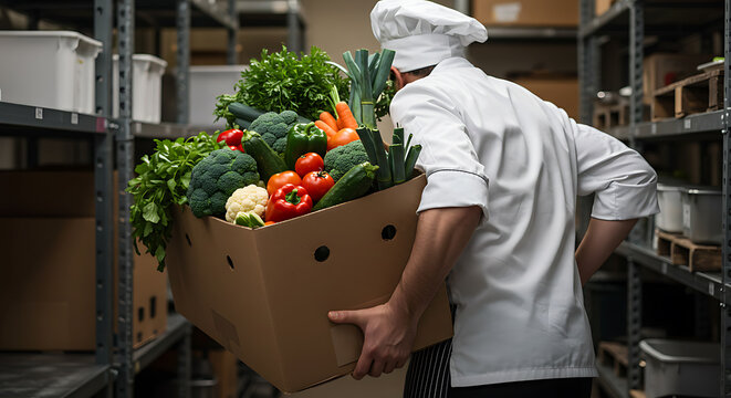 Chef Carrying Fresh Vegetables Box in Storage Room for Restaurant Kitchen Supply