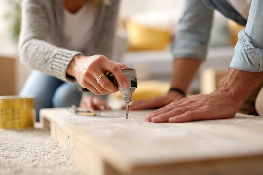 Close-up shows two people assembling a piece of furniture with a power drill and care in a bright,