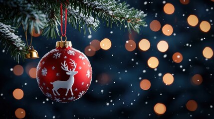 Fototapeta premium Festive Christmas ornament hanging on a snowy pine branch