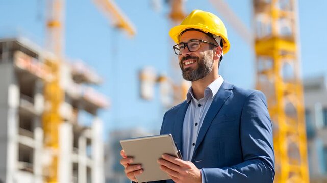 Smiling construction engineer with tablet and hard hat on building site