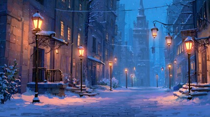 Snowy city street at night