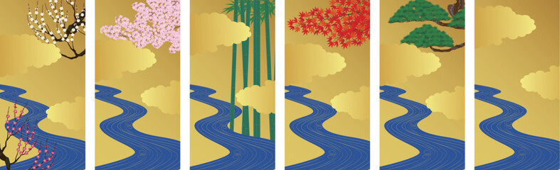日本風の背景。梅。桜竹紅葉松の四季の植物と青い川のイラスト。