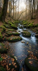Obraz premium Serene Autumn Stream Flowing Through Mossy Rocks