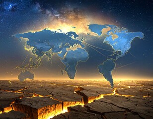 Global map over cracked earth, night sky