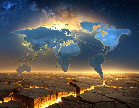 Global map over cracked earth, night sky