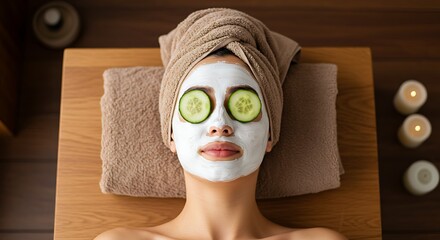 Young woman enjoying a relaxing spa treatment with a soothing facial mask and fresh cucumber slices on her eyes, promoting skin care and overall wellness