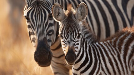 Fototapeta premium Zebras mother and calf close up