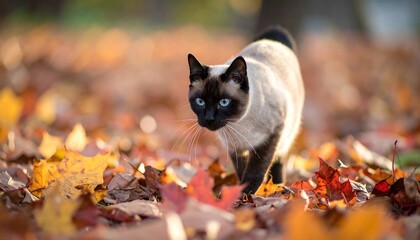 Siamese cat in autumn leaves (3)