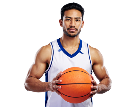 Person in sportswear holds basketball on white. For sports branding, posters. - Powered by Adobe