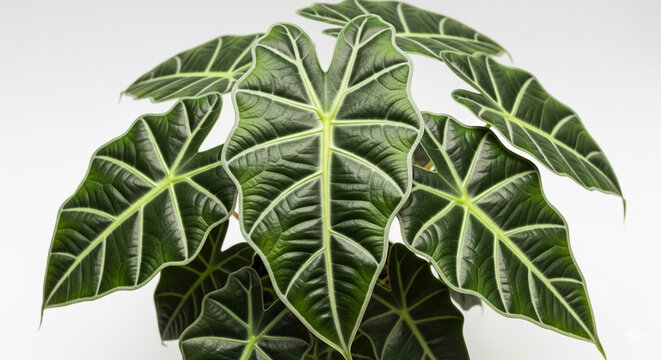 Exotic Alocasia Polly Plant with Dark Green Deeply Veined Leaves on Isolated transparent background