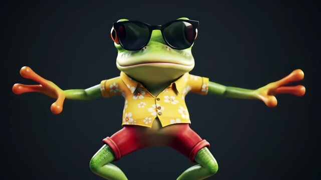 A cool cartoon frog wearing sunglasses and a hawaiian shirt strikes a pose, exuding a fun and carefree vibe against a dark background dancing frog