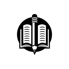 Black vector illustration of an open book with a pencil integrated in the design