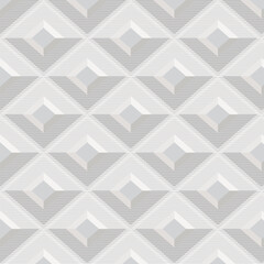 Seamless geometric pattern with 3D diamond shapes in gray and white tones. Modern abstract texture ideal for wallpaper, textiles, backgrounds, and decorative design projects.