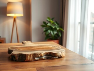 Obraz premium Natural wood slice display stand on a wooden table with soft lighting