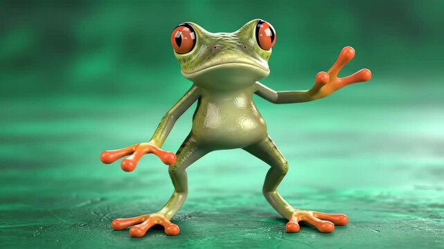 A detailed 3d render of a cartoon frog with orange eyes, standing with an open gesture against a textured green background, showcasing a playful and inviting character design dancing frog