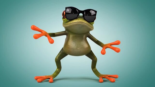 Fun 3d illustration of a cartoon frog wearing sunglasses, standing upright with a confident pose against a blue gradient background, showcasing a humorous and playful character design dancing frog