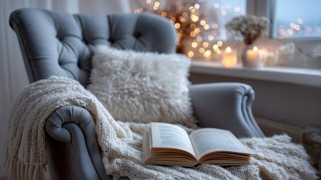 A cozy reading nook featuring a plush armchair, a soft blanket, an open book, and warm ambient lights creating a serene atmosphere.