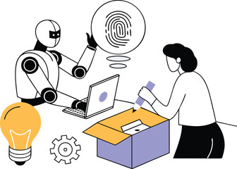 Robot and human collaborate on innovation project using technology and ideas white background