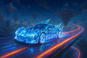 Flying car made of crystals and light racing through floating city circuit sci fi 3D dynamic perspective speed